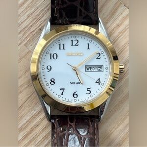 Seiko Solar Men’s Watch Two-Tone Case White Dial Brown Leather Strap Date Window